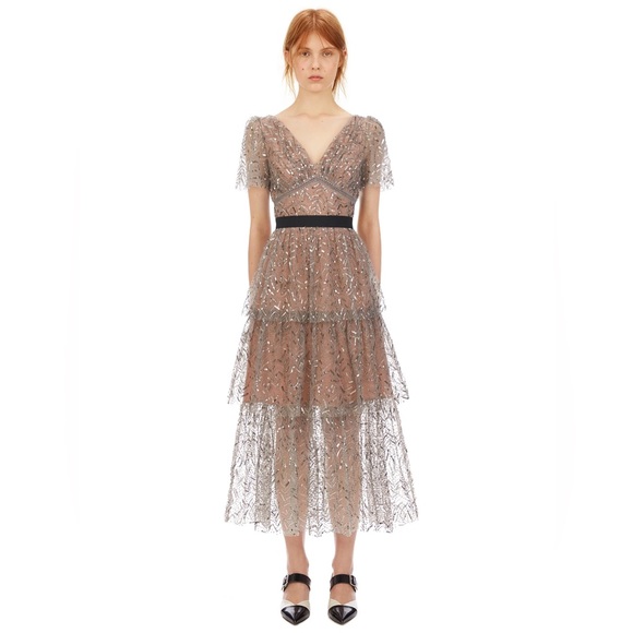 Self-portrait Sequin Embellished Silver leaf layered midi dress size xs - Picture 4 of 8